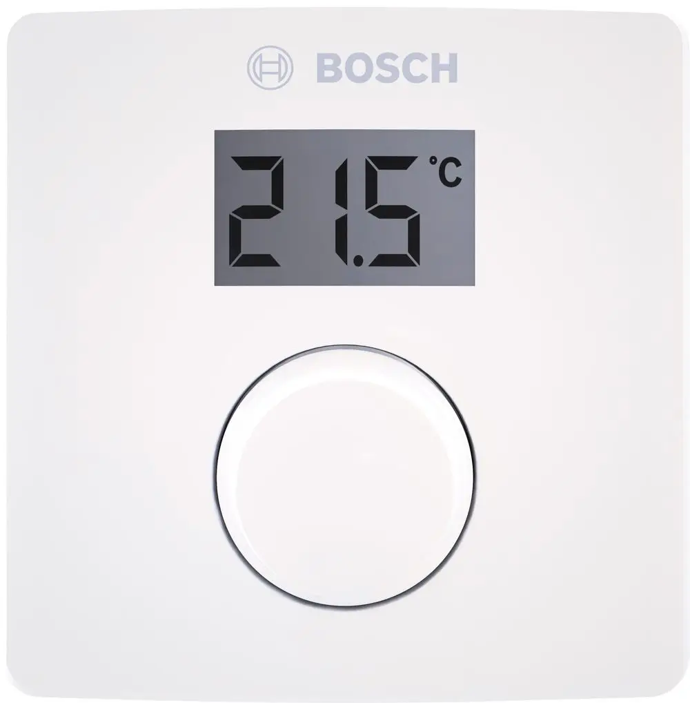 Weißes Steuergerät von Bosch mit digitaler Temperaturanzeige von 21,5 °C und einem runden Bedienelement in der Mitte.